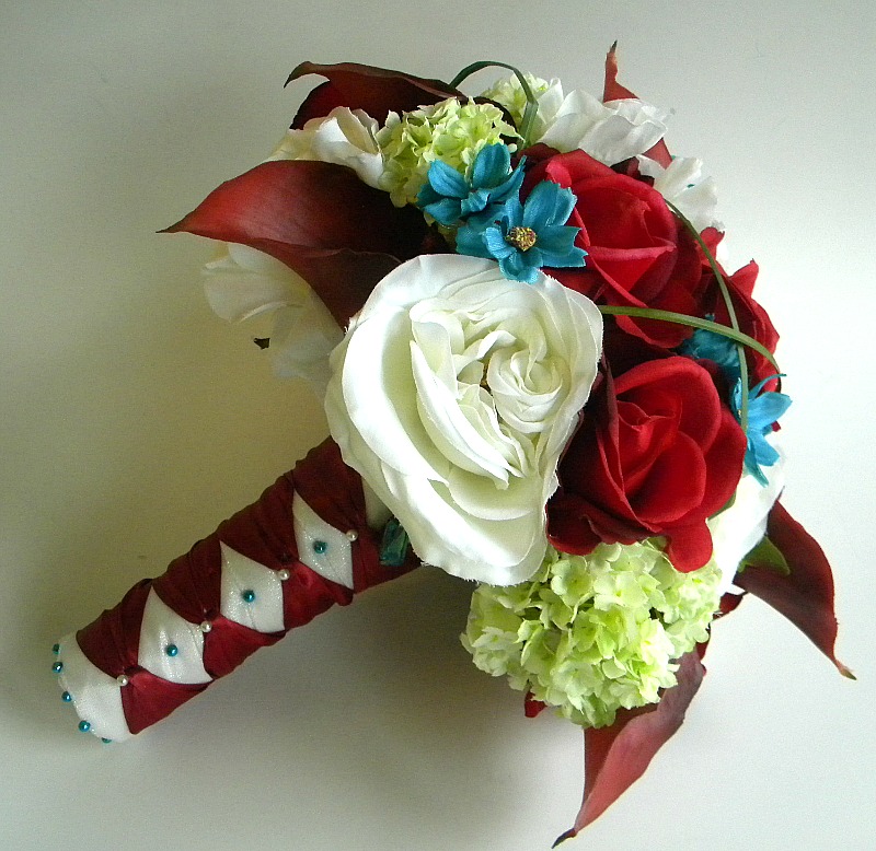 13 Piece Wedding Flower Package in Deep Red, Burgundy, Turquoise and Green - Made to Order
