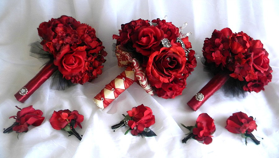 8 Piece Glamorous Damask Bouquet Set with Rhinestones and Real Touch Roses in Red, Ivory and Black- Made to Order