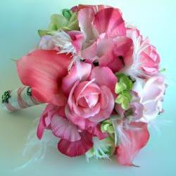 Pink Bridal Bouquet and Boutonniere Set with Feathers and Real Touch Flowers- Ready to Ship