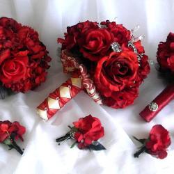 8 Piece Glamorous Damask Bouquet Set with Rhinestones and Real Touch Roses in Red, Ivory and Black- Made to Order