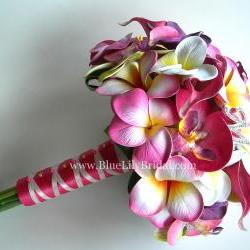 PINK Tropical Bridal Bouquet with Real Touch Plumerias, Calla's and Orchids - Made to Order